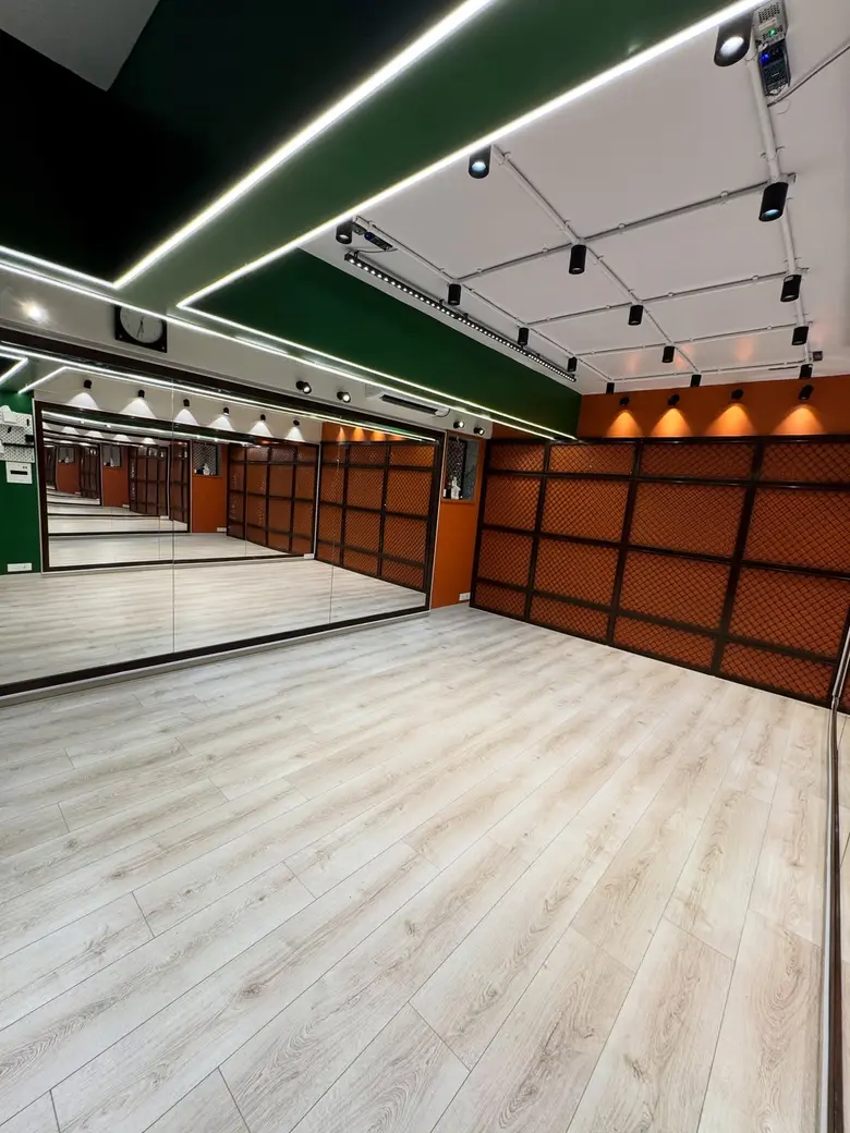 Wide view of the studio with mirror wall, orange grill wall and track lighting